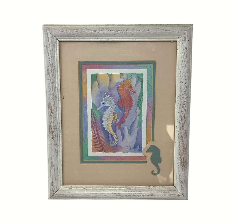Framed Seahorse Wall Art Print Distressed Wood Frame Shabby Chic 11.5x9.5